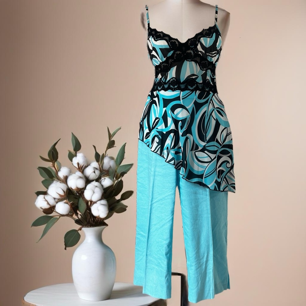Bebe Black and Blue Patterned Pant and top